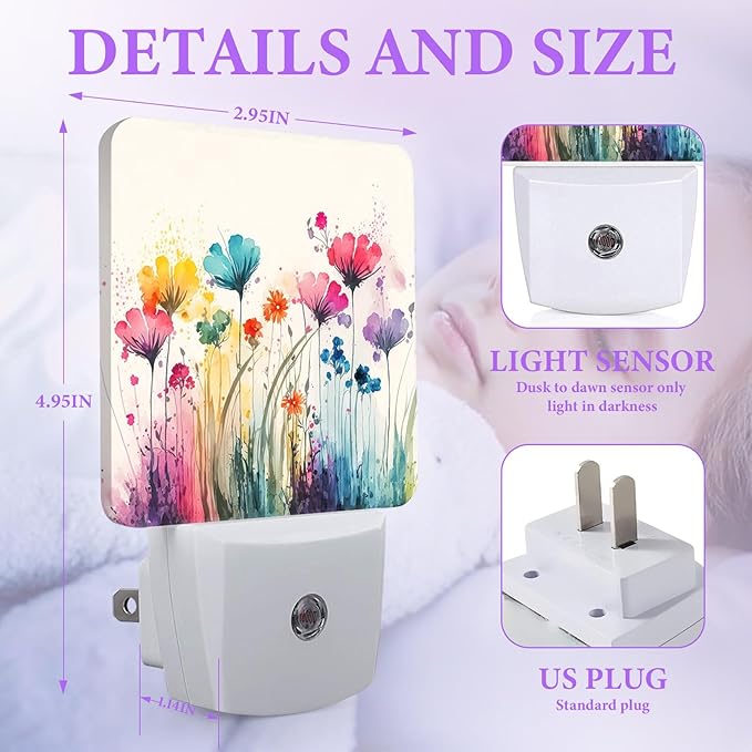 COSHARKLY Watercolor Floral Night Light,Abstract Plug-in Night Lights with Dusk-to-Dawn Sensor for Bedroom,Bathroom and Living Room Sleep Friendly lamp 0.5w photo 2