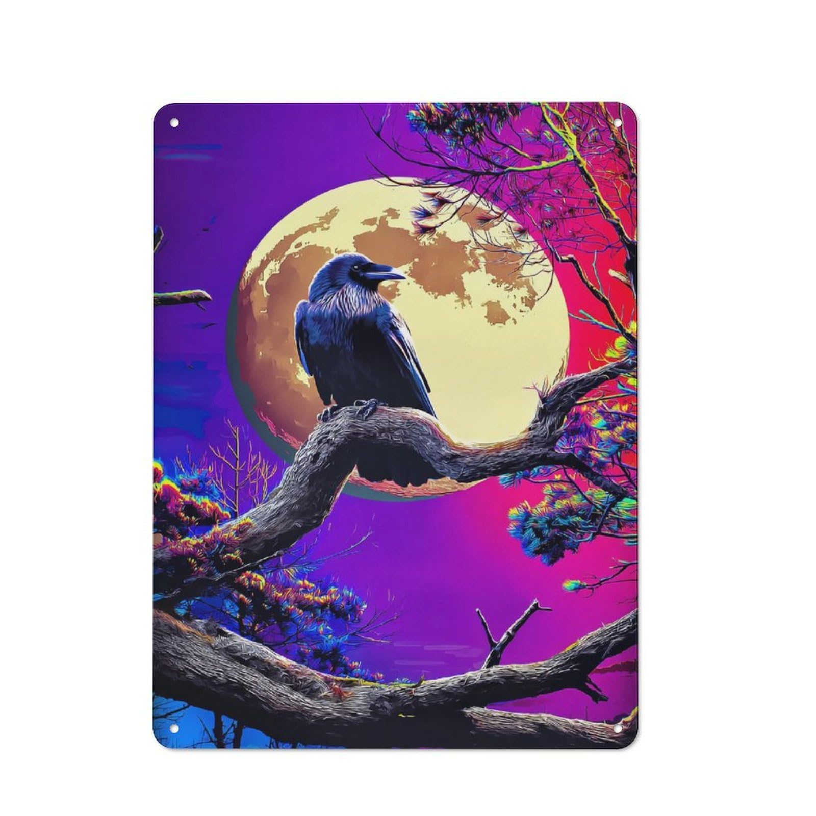 Junmoney Crow Perched On Branch Against Full Moon Rustic Tin Wall Plaque 40X30cm For Bar Or Restaurant, For Vintage Wall Decor Fans, For Garage And Workshop Walls