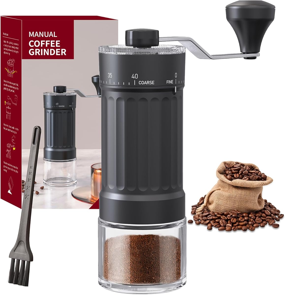 Manual Coffee Grinder 30g Capacity, Coffee Bean Hand Grinder with 40 Adjustable Settings for French Press, Drip, Espresso, Moka pots