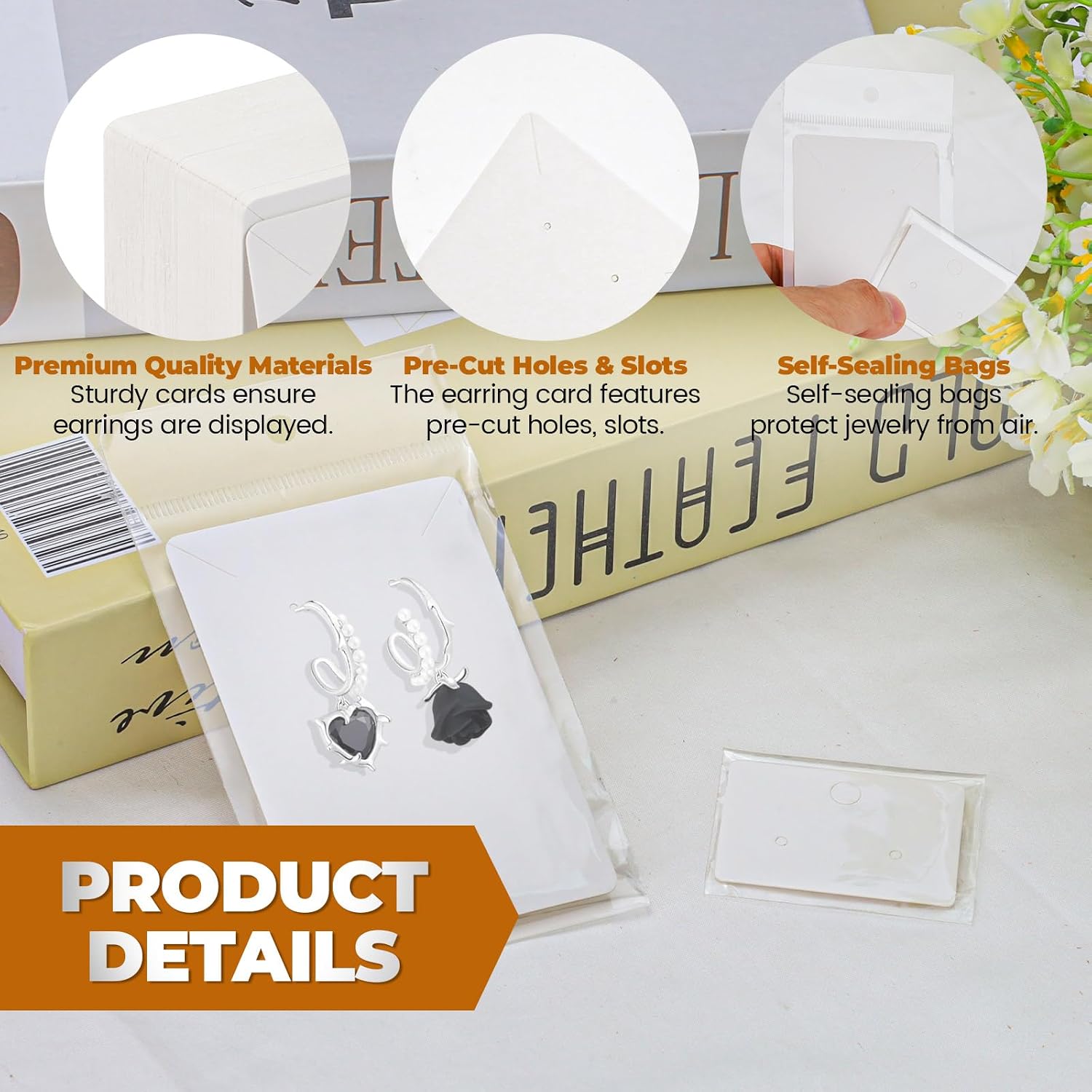 200 Set Earring Cards with Bags, 2 Sizes, 200 Earring Display Holder Cards with 200 Bags, Cardboard Tags for Ear Stud Packaging, Necklace, Jewelry Selling, White