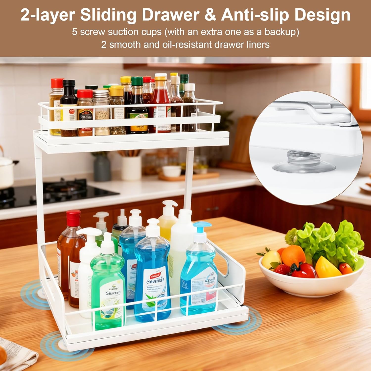 Ohmywor Under Sink Organizer, Pull Out Cabinet Organizer 2 Tier Sliding Drawers, Adjustable Height Multi-Purpose Storage Shelf, Metal Slide Out Drawer for Kitchen Bathroom Storage, White