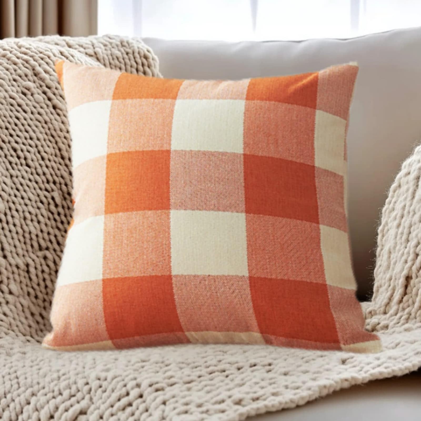 Cushion Covers 40cm x 40cm Orange Grid Sofa Cushion Cover Linen with Invisible Zippers,Throw Pillow Covers for Bedroom Home Decor
