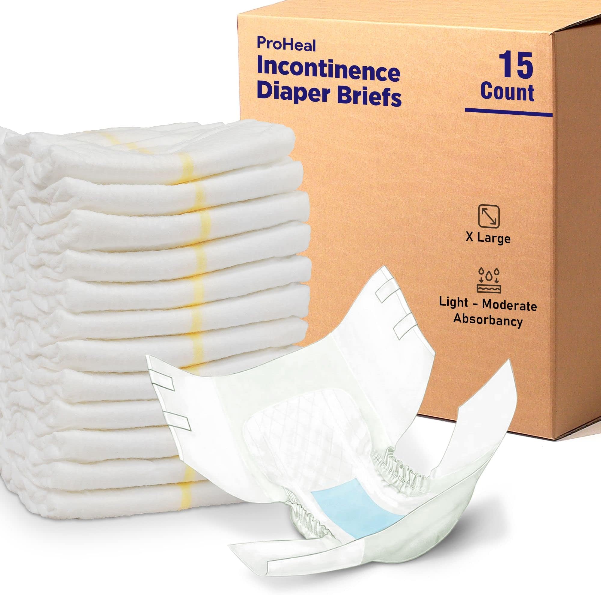 ProHeal Adult Diapers Incontinence Briefs X Large, 15 Pack - for Men and Women - Quilted Moisture and Odor Lock - Light-Moderate Absorbency, Secure Fit Refastenable Tabs, Elastic Gathers