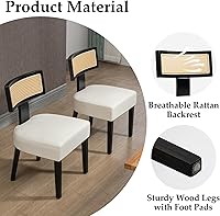 Vista 4 de Juego de 2 sillas de comedor de ratán, sillas de cocina modernas de mediados de siglo con respaldo de caña y marco de madera en acabado negro