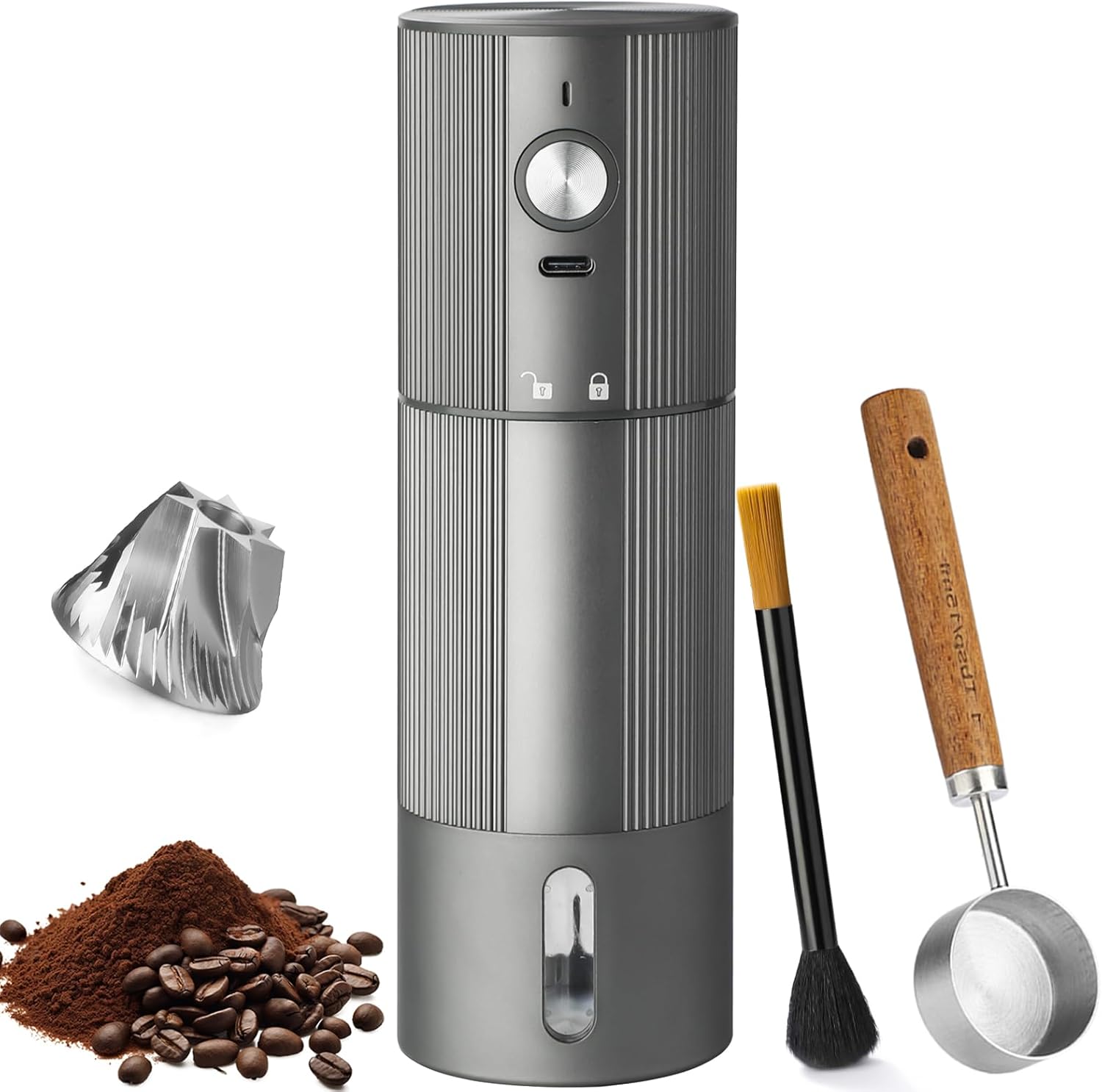 Portable Coffee Grinder Electric Burr Coffee Grinder with 45 Adjustable Settings, Rechargeable Coffee Grinders for Espresso, Travel, Camping and Office (Silver)