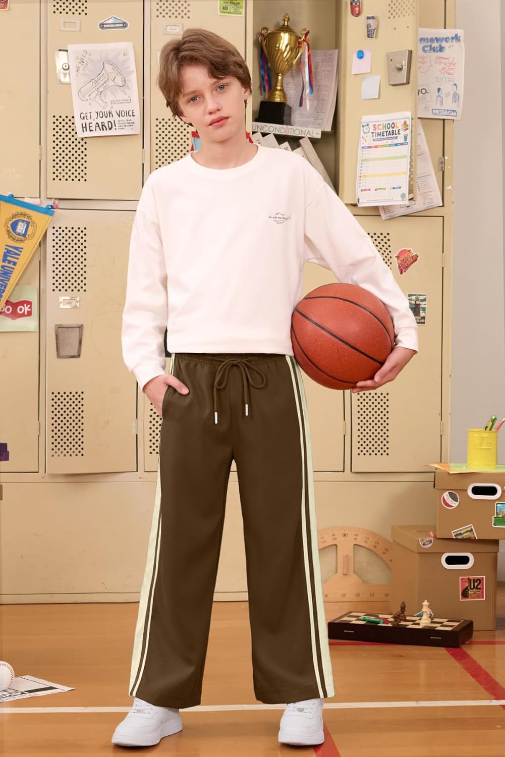 Boys Baggy Striped Track Pants Athletic Streetwear Wide Leg Pants