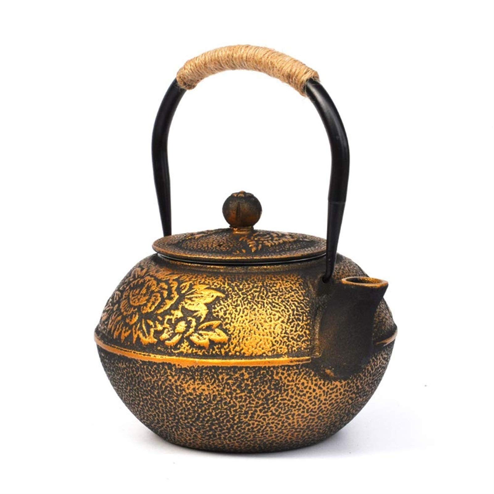JTKDL Hammered Iron Tea Pot Kettle Stovetop Teapot Cast Iron Teapot with Hemp Rope Handle Gold Peony Pattern 1.2L
