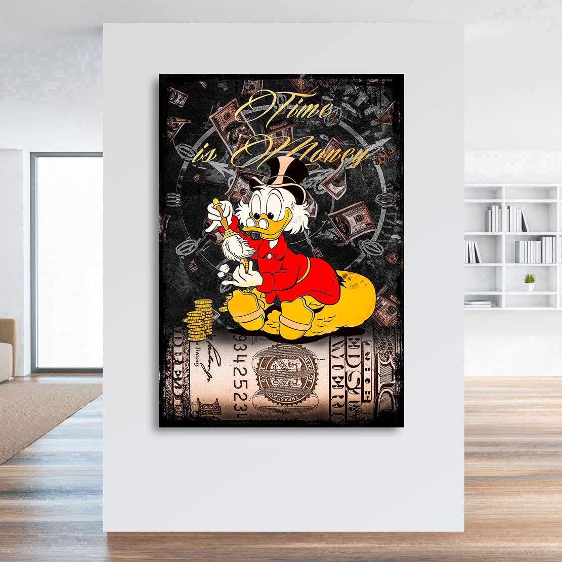 Kunstgestalten24 Leinwandbild Dagobert Time is Money Wandbild Kunstdruck Lounge Dekoration XXL