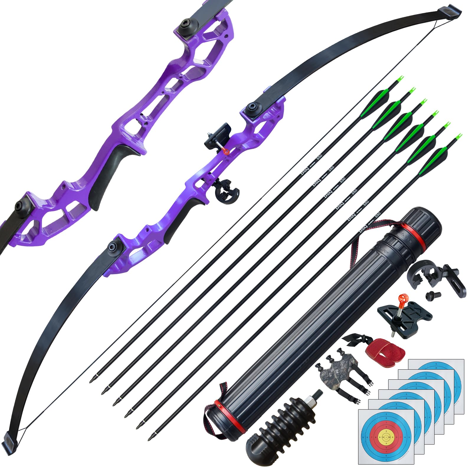 D&Q Archery Set Adult Bow and Arrow Set Adult Takedown Recurve Bow Hunting Bow Target Practice Competition Survival Longbow Right Hand 50" 30lbs, 40lbs with 6pcs Mixed Carbon Arrow (Purple,40lb)