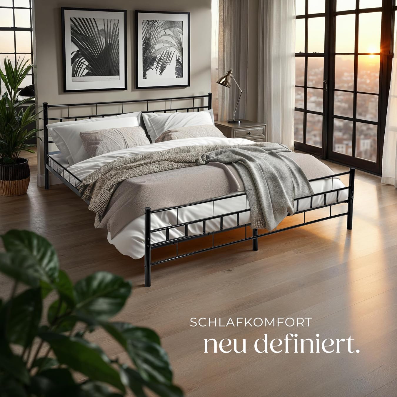 tectake® Metallbett, Bettgestell mit Lattenrost, Einzelbett, Doppelbett aus Metall, Bettrahmen mit Kopfteil Bett für Schlafzimmer, Gästezimmer, Gästebett, Jugendzimmer - 200 x 180 cm, schwarz