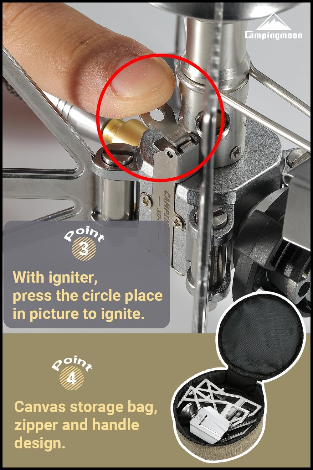 CAMPINGMOON Butane Camping Stove Portable Regulator Single Burner w/Storage Bag XD-3 (Silver w/igniter)