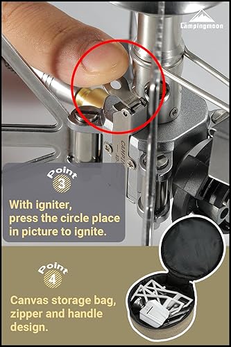 Miniatura 4 de CAMPINGMOON Estufa de butano para campamento, regulador portátil, quemador individual con bolsa de almacenamiento XD-3 (plata con encendedor)
