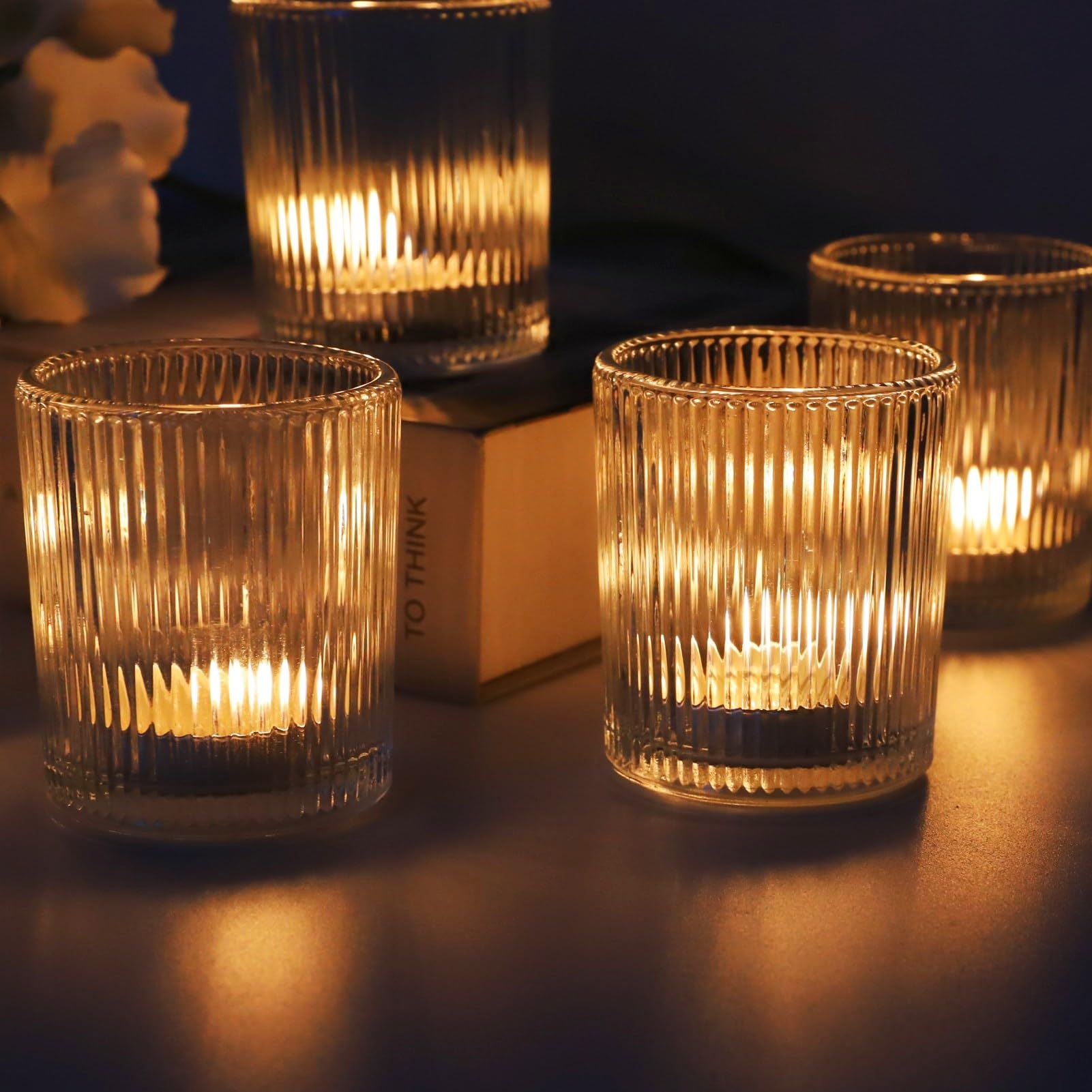 Lot de 12 Bougeoir Verre à thé Côtelés, Photophore Verre Transparents pour Mariage, Contenants pour Bougie pour Fête, Décoration Intérieure et Décoration de Noël (5,5 cm × 6,5 cm)