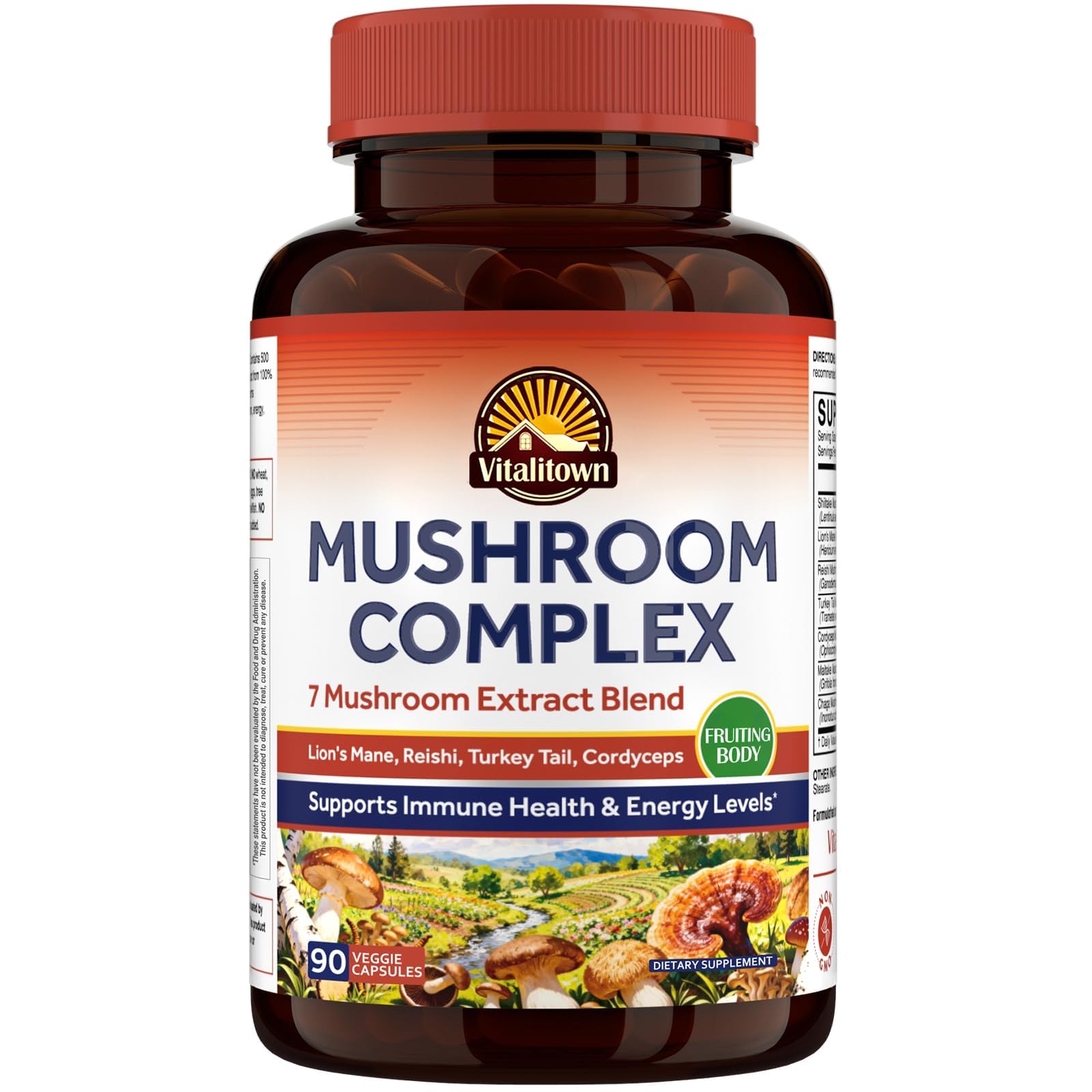 Vitalitwon 7 Mushroom Complex, High Potency Lion’s Mane, Cordyceps, Reishi, Turkey Tail, Chaga, Maitake, Shiitake, 500 mg Concentrated Extract, Memory, Focus & Energy, Non-GMO, 90 Vegan Capsules