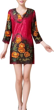 Womens Chinese Painting Peony Print Crinkle Blouse Deep Round Neck with V-Keyhole, Split Sleeves & Pan Kou Buttons