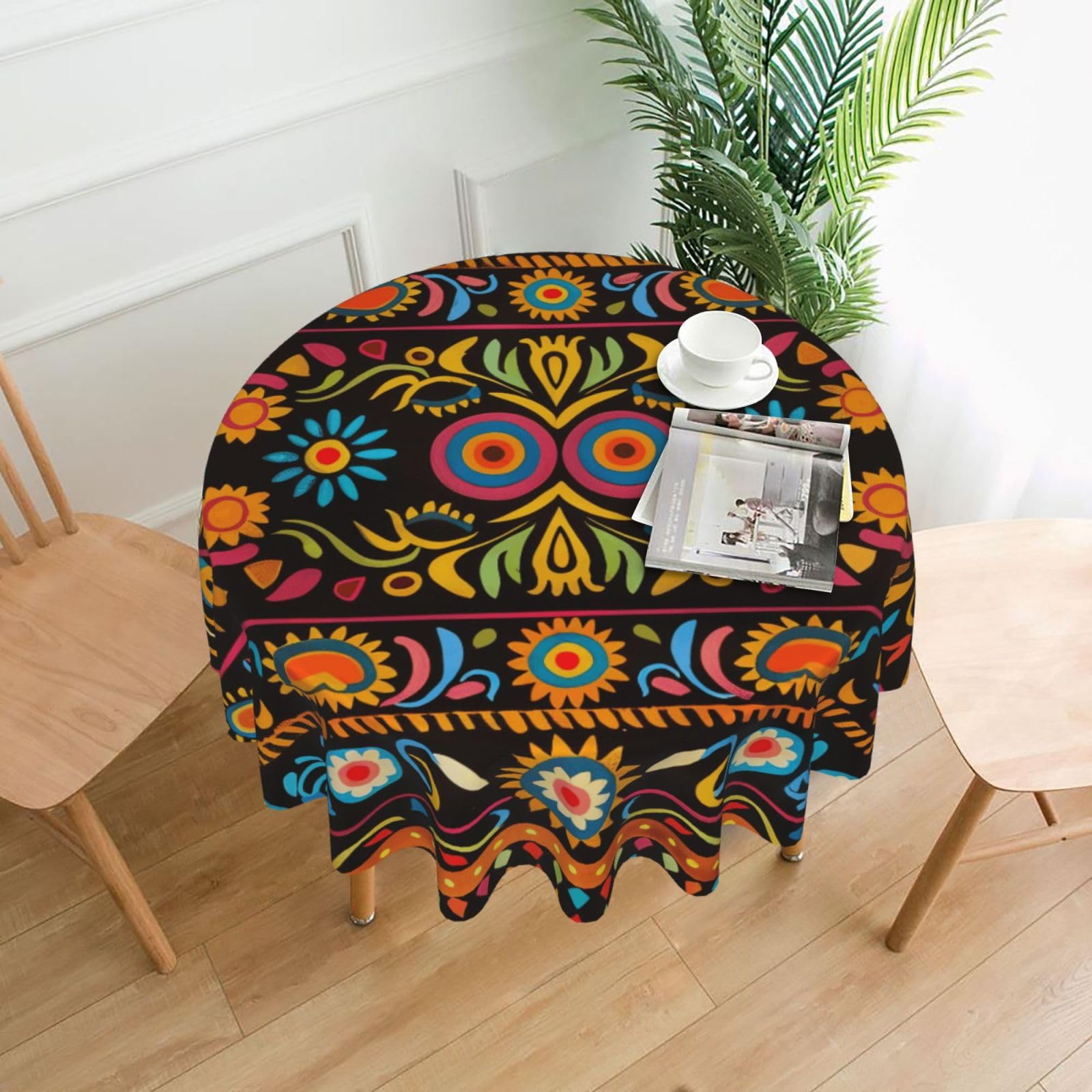 WPKJU Mexican Folk Art Boho Printed Round Tablecloth 60 in Water Resistant Table Cover Washable Table Cloth for Dining Tables