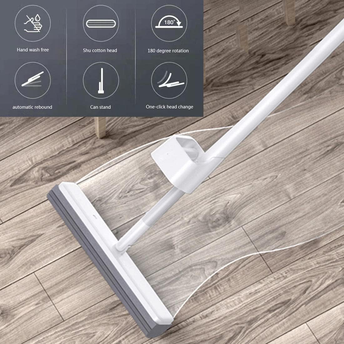 Sponge Mop, Self-Squeeze Dry & Wet Sponge Mops for Floor Cleaning, Fit Apartments, Dormitories, RVs Floor Cleaning Tools, White, 132x33cm