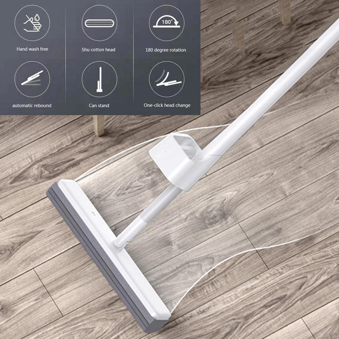 ACGrade Sponge Mop, Self-Squeeze Dry & Wet Sponge Mops for Floor Cleaning, Fit Apartments, Dormitories, RVs Floor Cleaning Tools, White, 132x33cm