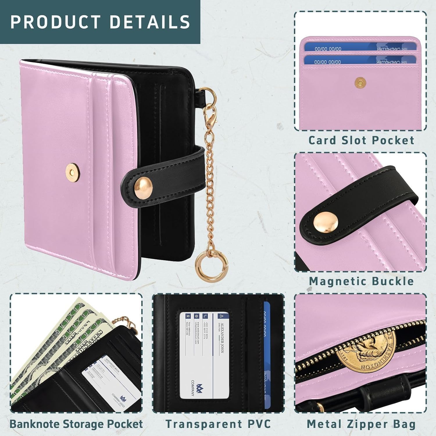 Yuiboo Pink Solid Color Ladies Premium Foldable Wallet Waterproof PU Leather Wallet With Card Slots for Women image 5