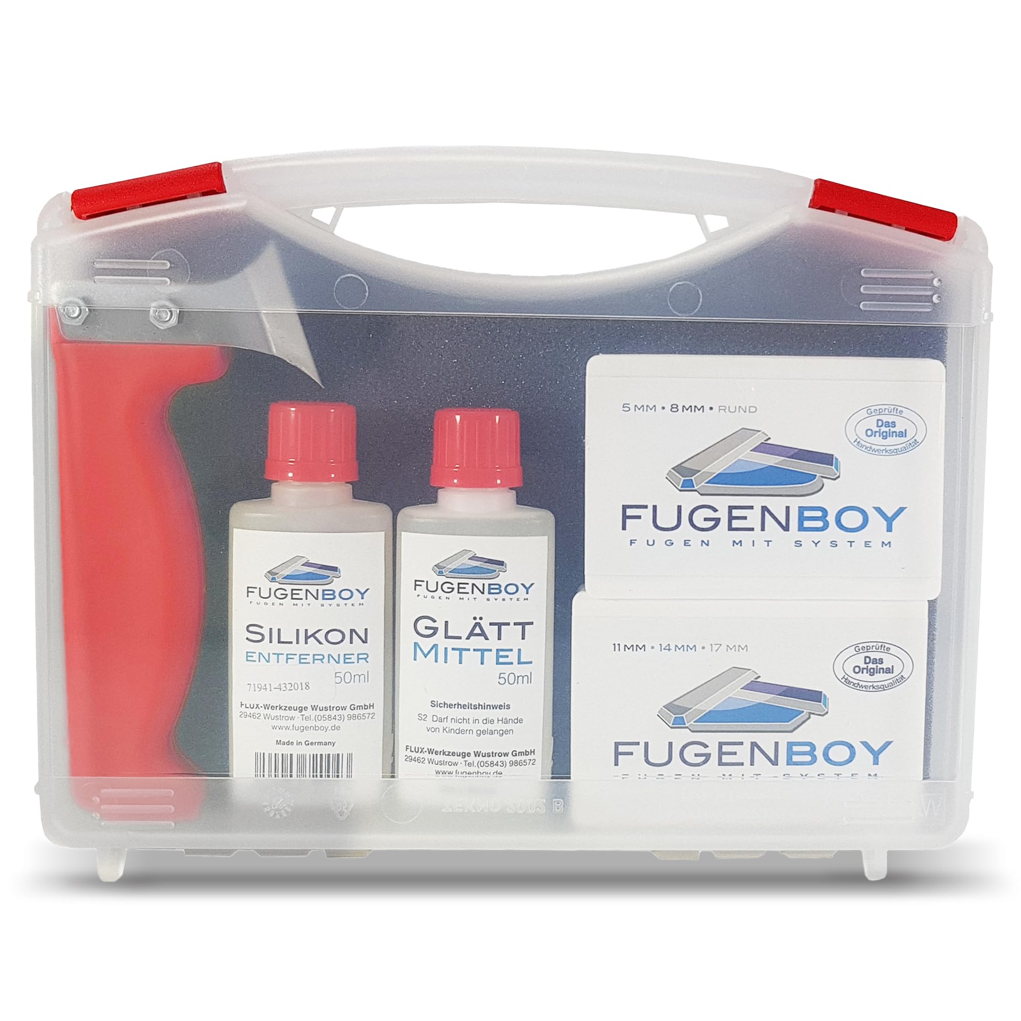 Profi-Koffer | Silikonfugen-Werkzeug im Komplett-Set | Deutsche Herstellung | Fugen-Set mit Silikon-Entferner, 6x patentierte Fugenglätter, Fugenmesser & Silikon-Glättmittel