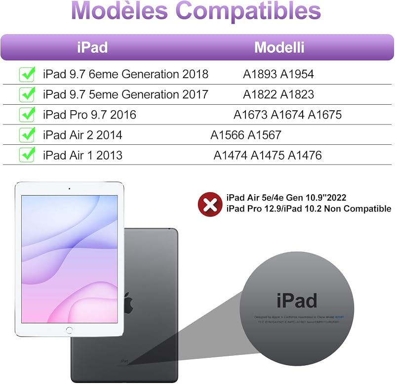 Lila iPad Billentyűzet Tok – 9.7" (5./6. generáció, Air 1/2), Bluetooth, Levehető Háttérvilágításos AZERTY Billentyűzet, Mágneses
