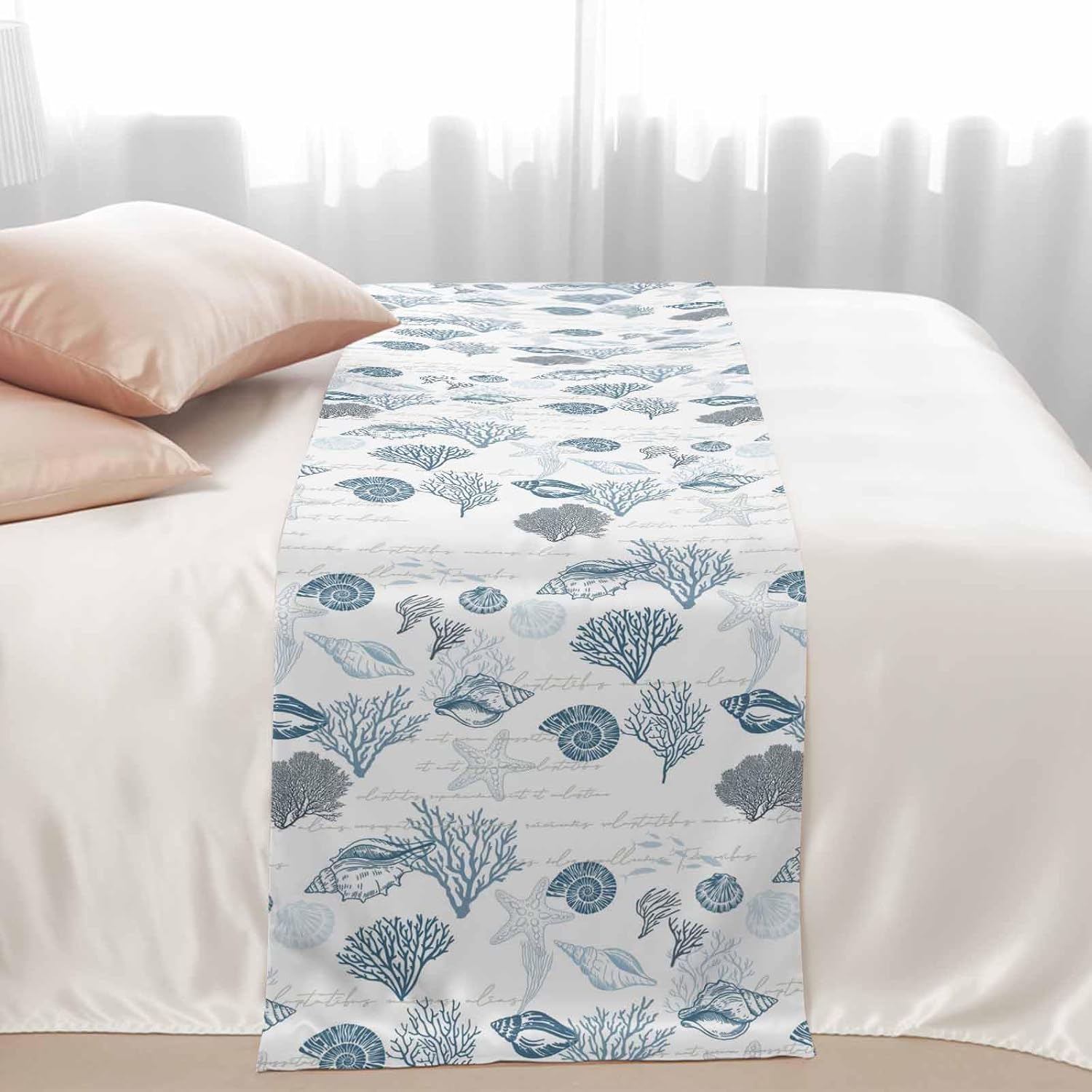 Blue Coastal Bed Runner Scarf Bedding Accessory For Queen Size Bed,Soft Bed Scarves And Runners Stainproof Bedroom Decor For Hotel Wedding Room,Starfish Coral Nautical Shell Ocean Couch 94"x20"