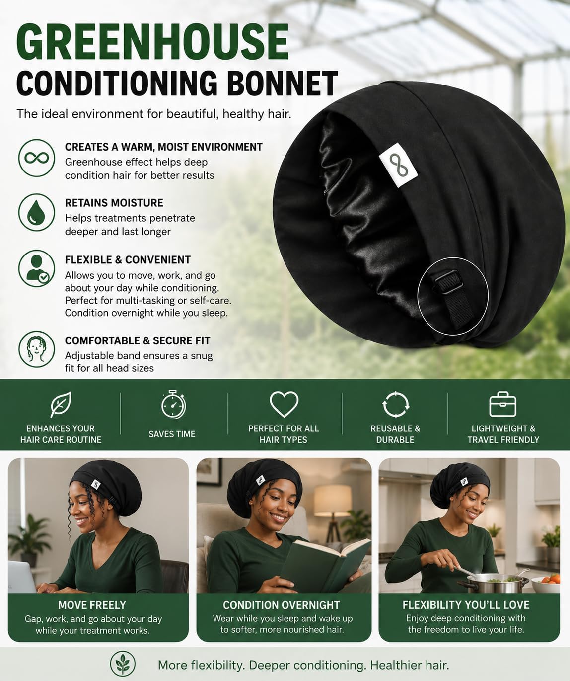 Greenhouse Conditioning Bonnet, Oil Proof, Mess Free, Moisture Retention, Adjustable Sleeping Cap for Hair Hydration, Deep Conditioning, and Pre-Poo-All Hair Types Black
