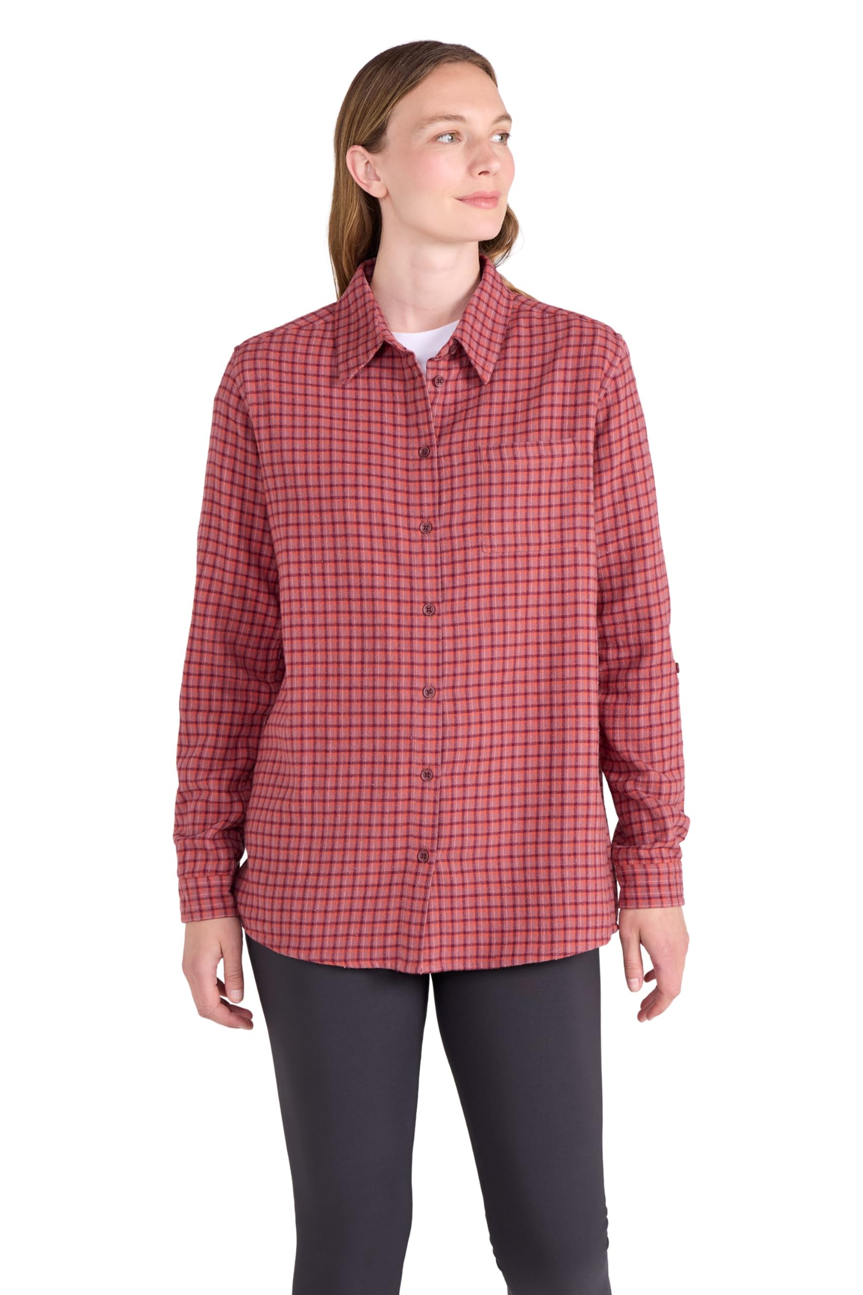 Mountain Warehouse Women's 'Balsam' Brushed Long Sleeved Relaxed Fit Longline Flannel Shirt in Terracotta | Size: 8