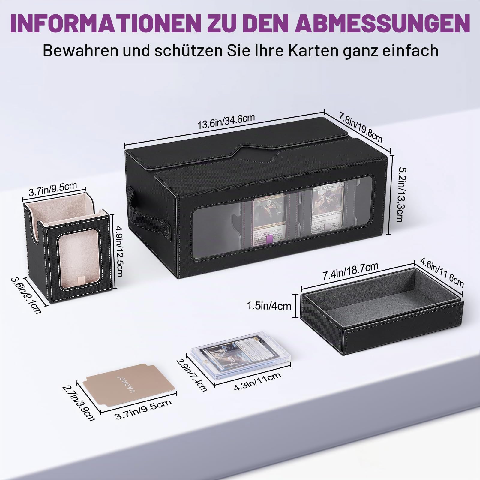 UAONO Commander Deck Box für MTG, 6-Deck Modulares Kartenetui mit Würfelablage, Platz für 600+ Doppelhülsenkarten, abnehmbare Sammelkarten-Aufbewahrungsbox mit 6 magnetischen Kartenhaltern für TCG
