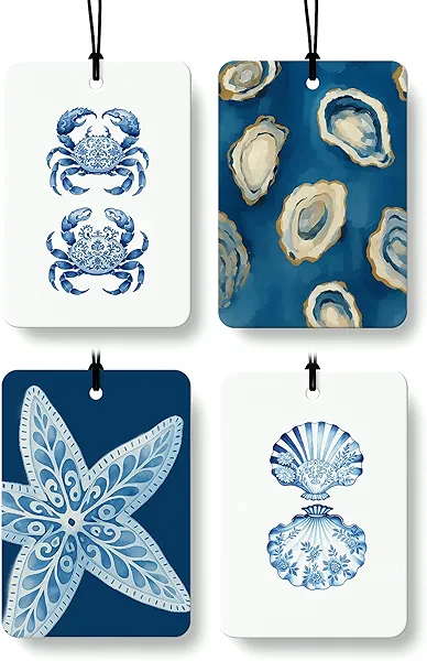 EKGJW Blue Ocean Beach Cologne Car Air Freshener 4 Pcs, Coastal Crab Oyster Starfish Seashell Hanging Air Freshener for Cars Bathroom Dorm Books Decor, Beachy Accessories Gifts for Women Girls