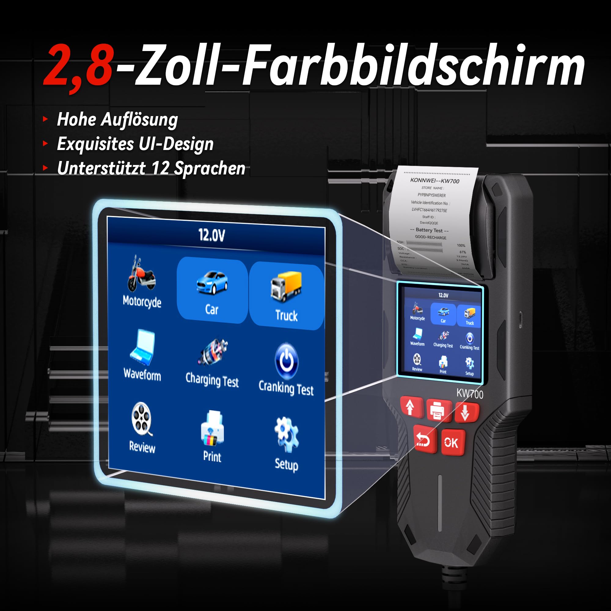 KONNWEI KW700 Batterietester mit Drucker 12V 24V Mit Druckerpapier | Batterie Tester Batterie Lasttester mit 10-2000 CCA, Anlassprüfung Ladetest Lichtmaschine Tester für KFZ LKW Motorrad