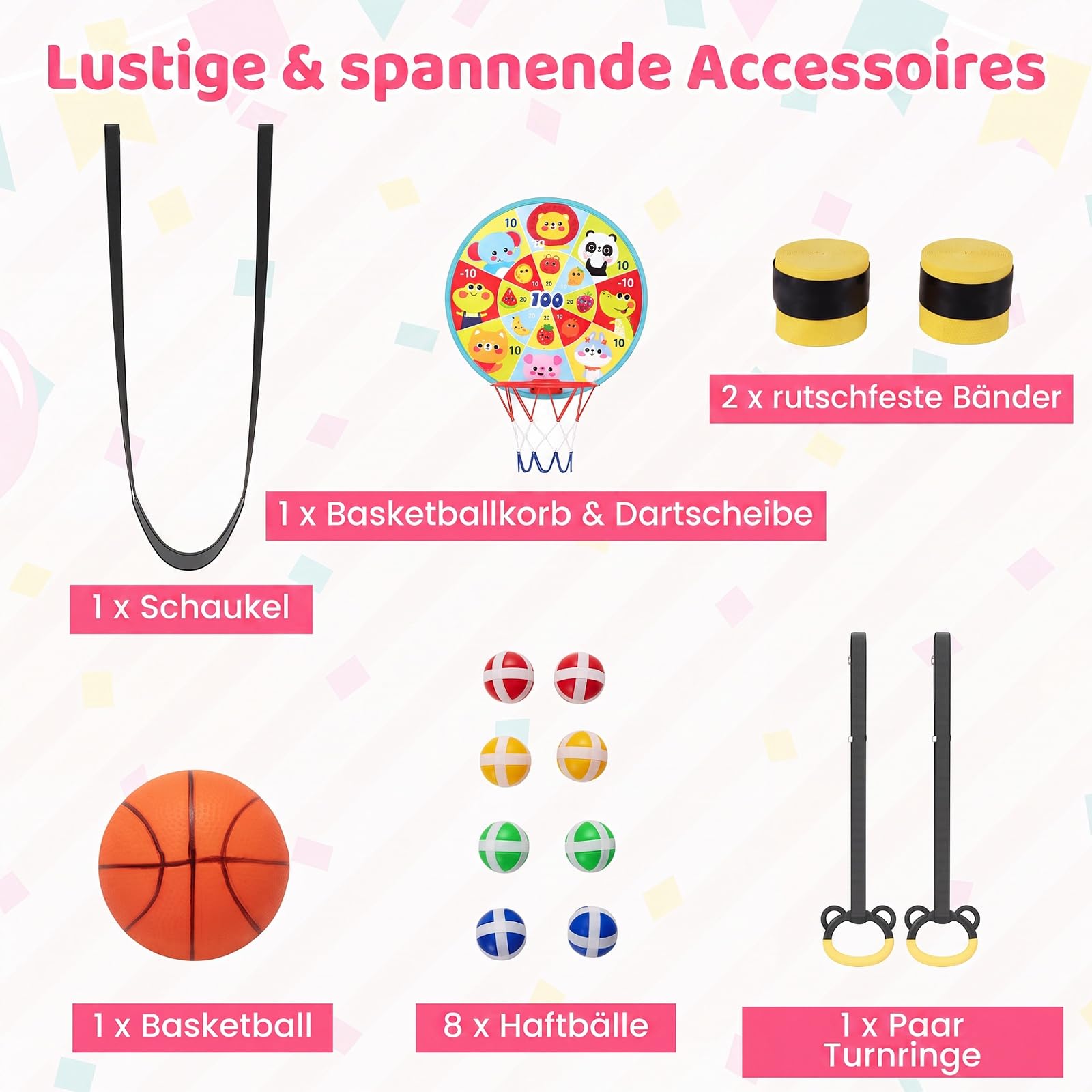 COSTWAY 6 in 1 Kindertrampolin mit Sicherheitsnetz | Trampolin Kinder mit Schaukel, Basketballkorb, Turnstange, Dartscheibe & Barren, Gartentrampolin für Indoor & Outdoor