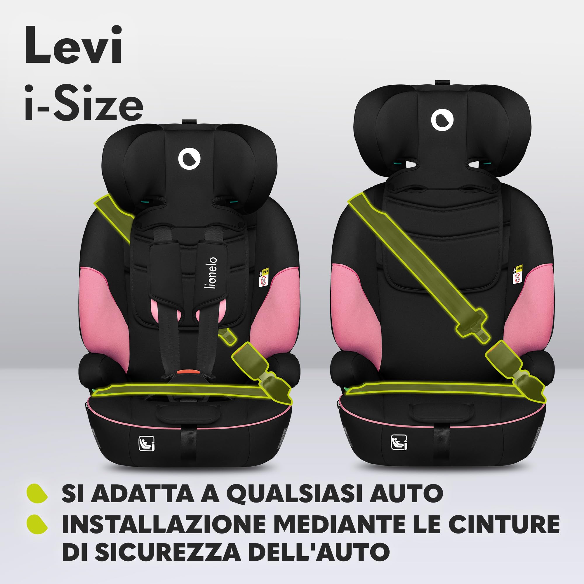 LIONELO LEVI I-SIZE Seggiolino auto per bambini 76-150 cm con l'ultima Norma i-Size R129 Protezione laterale, 10 Livelli di regolazione del poggiatesta, Schienale staccabile