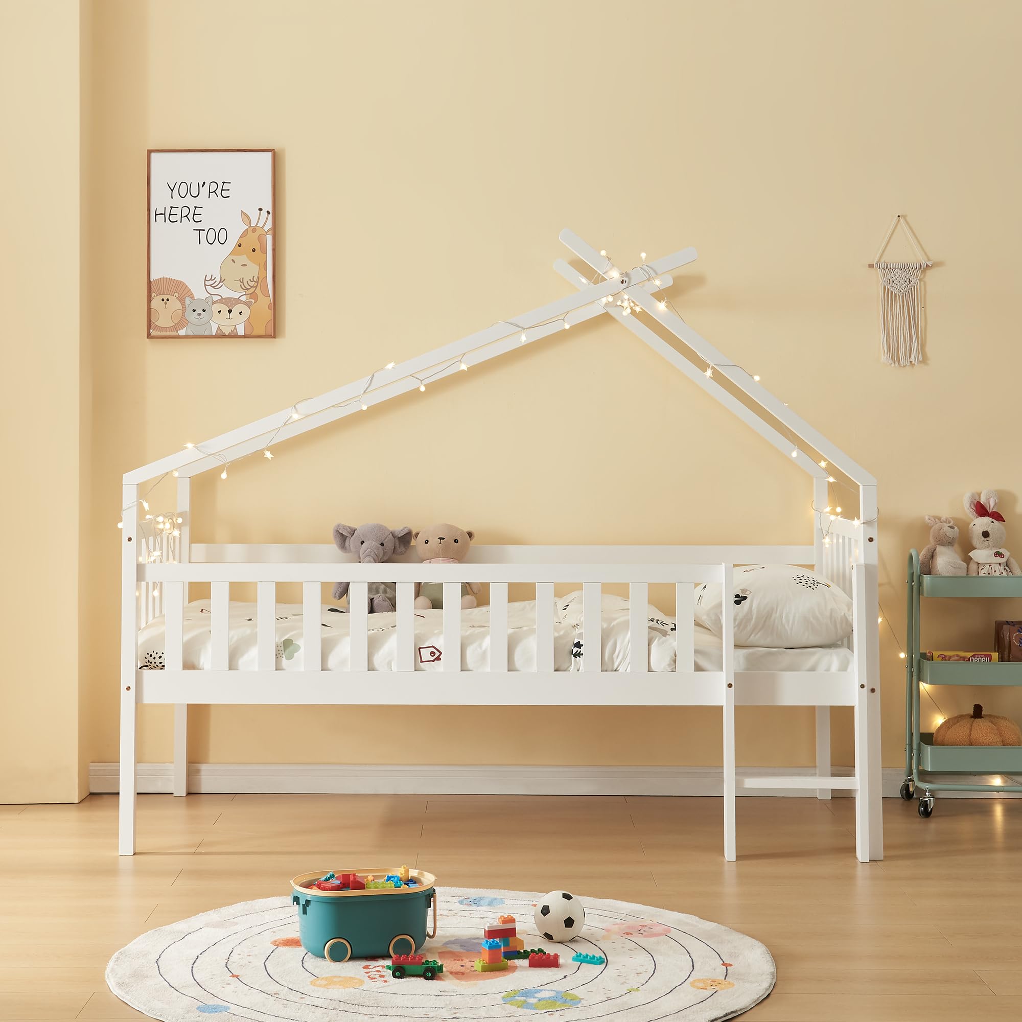 [en.casa] Lit Cabane Lit Enfant Surélevé en Forme de Maison avec Barrière de Protection Échelle Lit Mezzanine avec Sommier à Lattes Bois de Pin Contreplaqué 90 x 200 cm Blanc