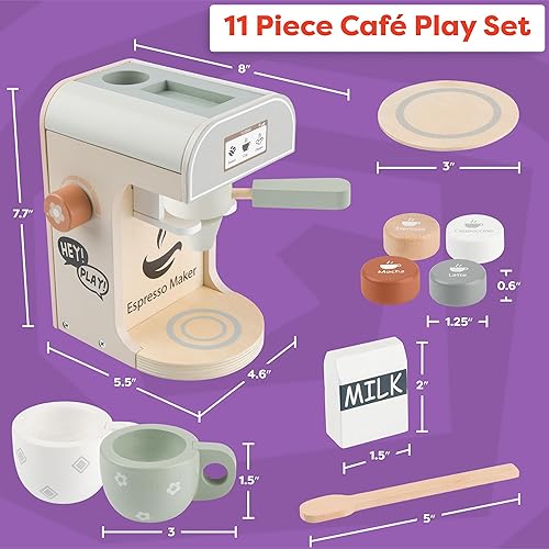 Miniatura 3 de Hey Play - Cafetera de juguete de madera para niños, 11 piezas, juego de cocina para niños con máquina de café, juguete y accesorios de cocina de