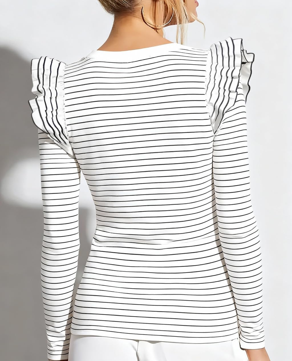 Ezbelle Women's Long Sleeve V Neck Ruffle Shirts Ribbed Knit Blouses Sxey Trendy Fall Tops 2026 Fashion - Image 3