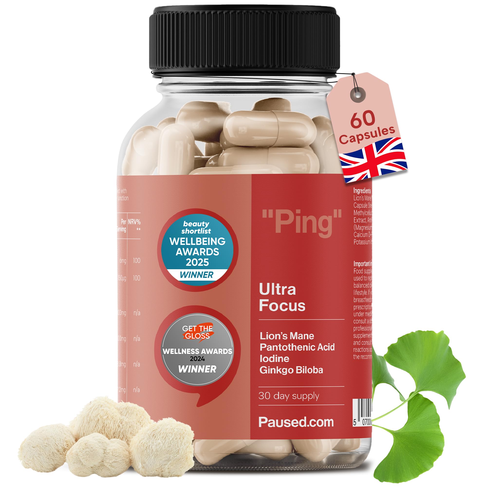 Paused Ultra Focus, Mind & Memory Supplement - 60 Capsules | 1 Month Supply Cognitive Enhancer with Lion's Mane & Iodine | Boosts Energy, Improves Mood & Mental Performance | Vegan & Gluten-Free | UK