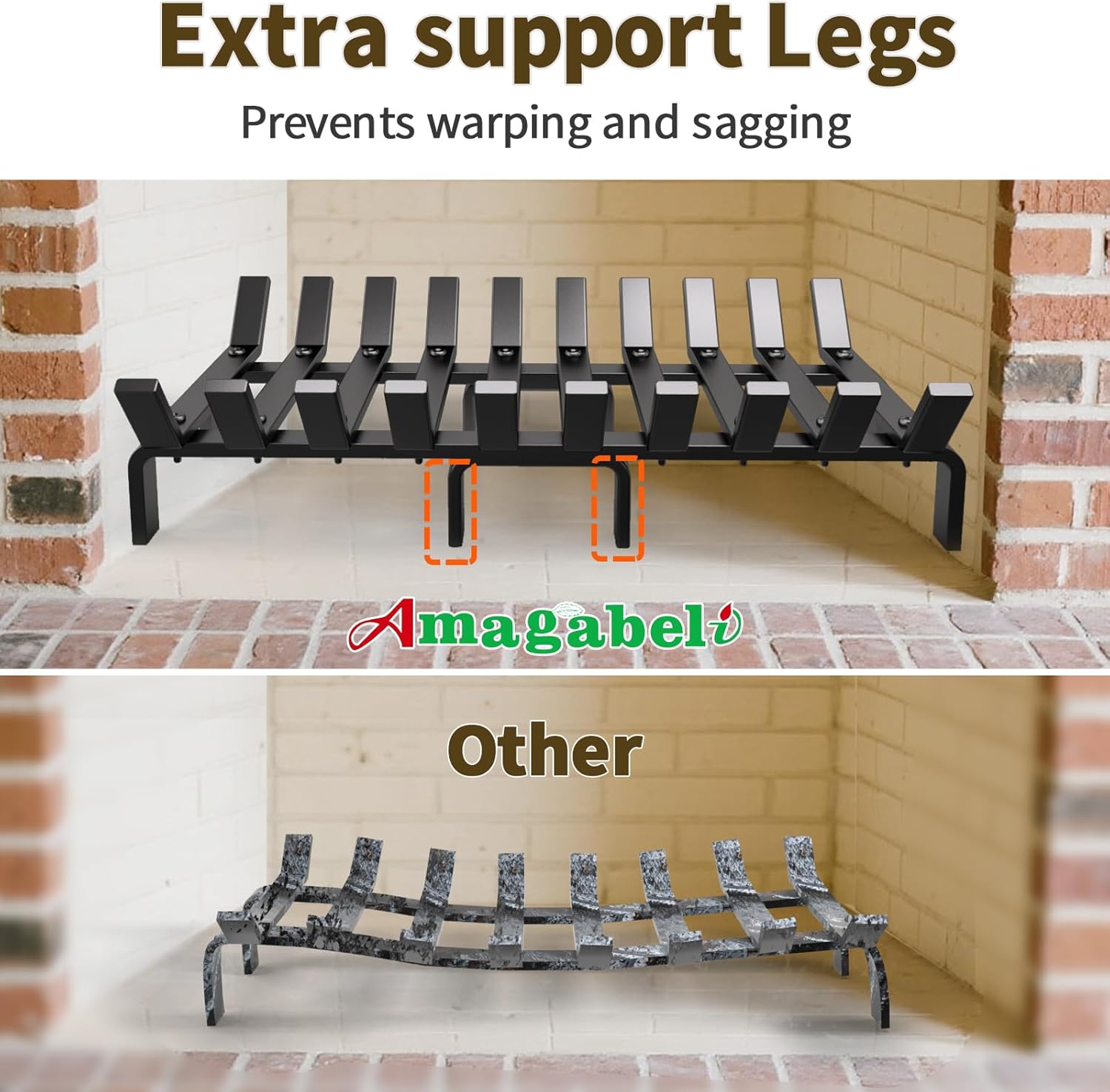 AMAGABELI GARDEN & HOME Fireplace Grates 24 Inch Heavy Duty 8 Legs Anit-sag Log Holder Wrought Cast Iron Firewood Burning Rack Solid Steel for Fire Pit Camping Kindling Tools Wood Stove Accessories