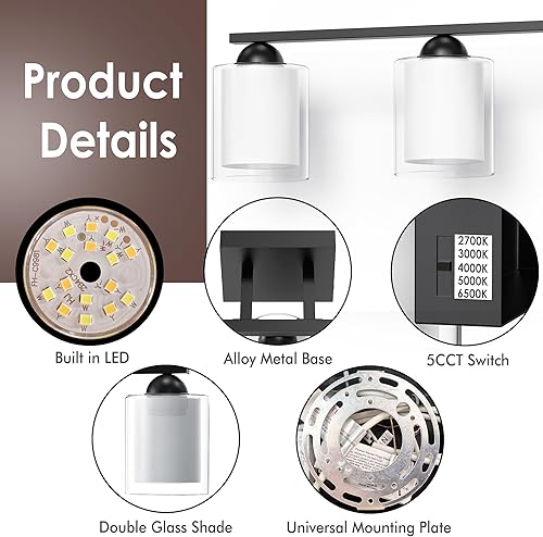 Miniatura 5 de Quntis Accesorios de iluminación de baño negros sobre espejo con 5 modos de color, 5 luces LED regulables, con vidrio esmerilado blanco leche para