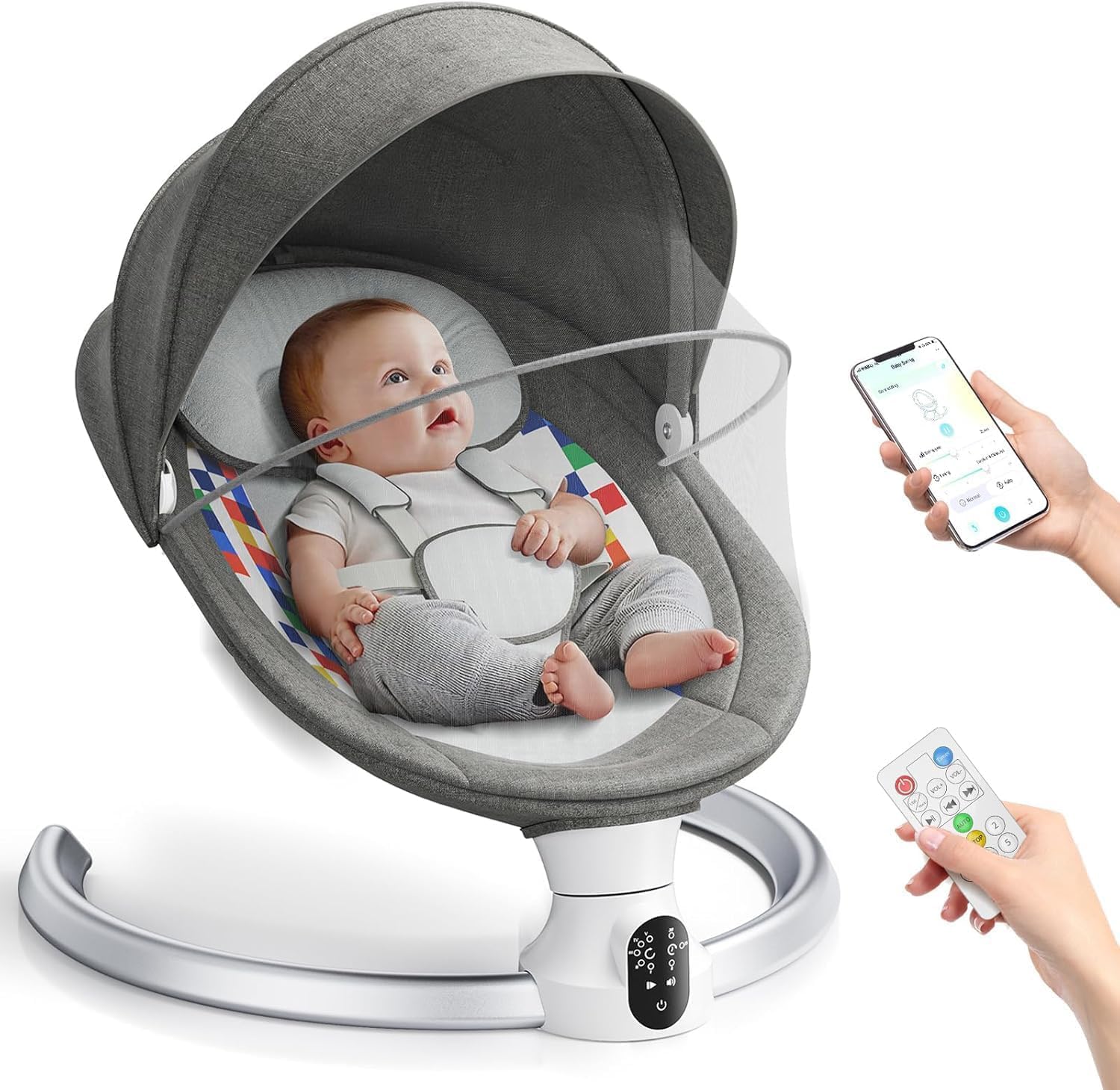 Electric Baby Bouncer,Baby Swing with Bluetooth and Mobile App Control,5 Swing Speed, 10 Lullabies, 5-Point Harness,Portable Newborn Bouncer from Birth for 0 Months(Grey)