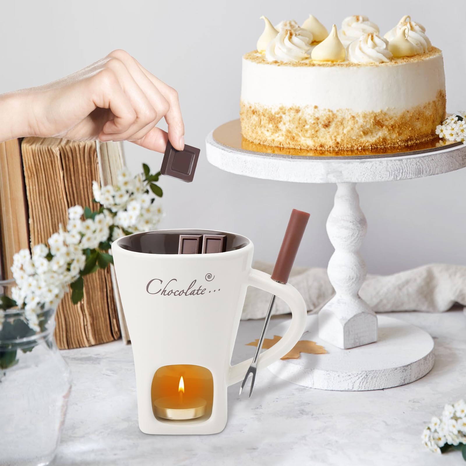 Filiżanka do fondue czekoladowego z widelcami, 200 ml, ceramiczny zestaw do czekoladowego fondue, kubek do topienia czekolady, zestaw do fondue z widelcem i podgrzewaczem, do sera, czekolady, masła