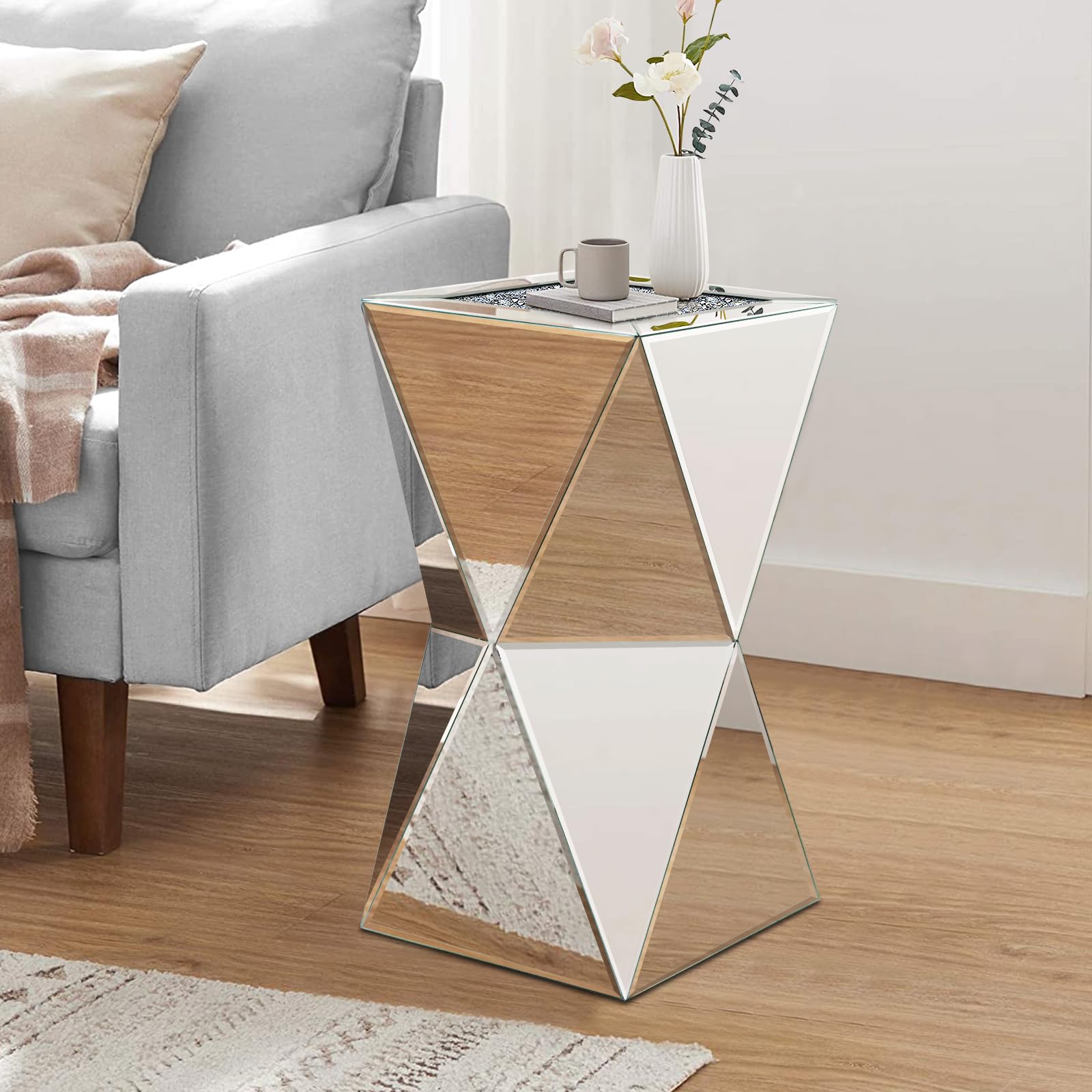 Pregaspor Tavolino Quadrato A Specchio Con Intarsio In Cristallo – 30,5x30,5x50 Cm – Moderno Per Soggiorno E Camera Da Letto