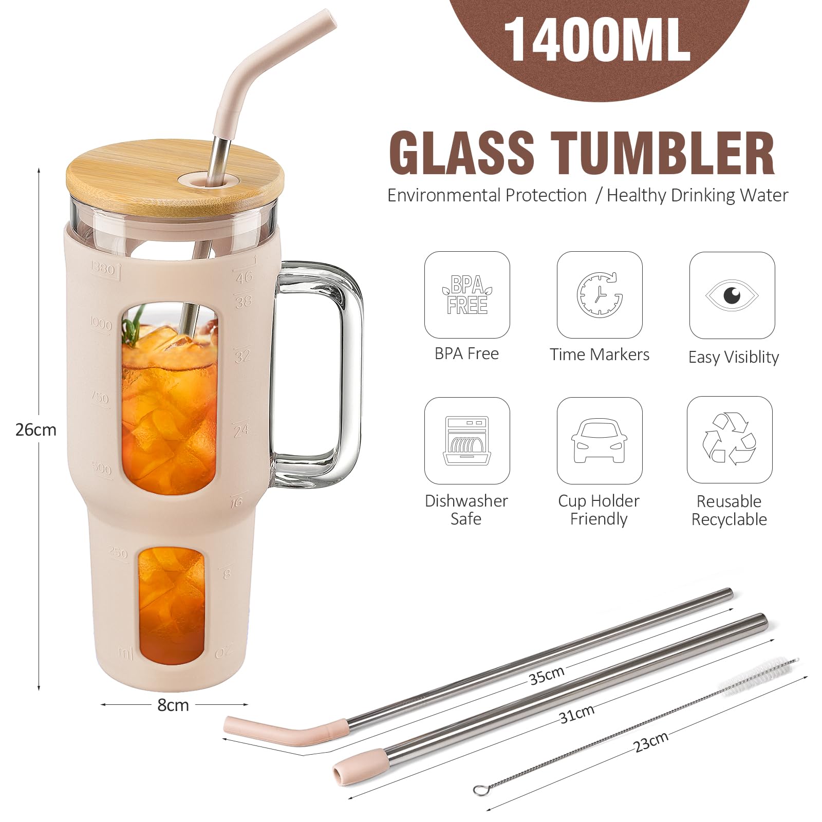 BLUEGO 600ml glazen waterfles met rietje en 2 deksels, koffiekop van glas met tijdmarkering en siliconen bescherming, glazen beker voor dranken, soda, cola, BPA-vrij, roze