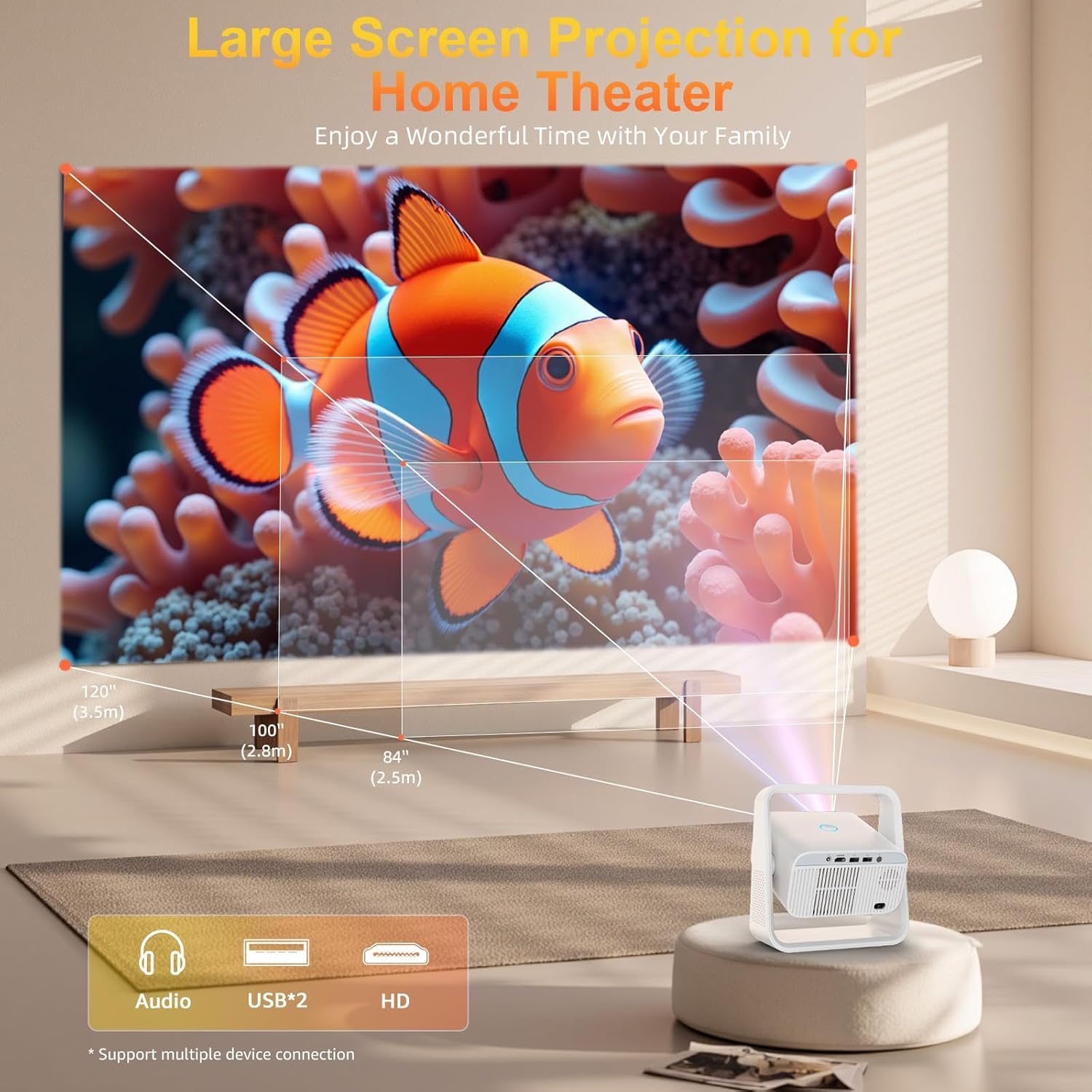 Proiettore intelligente con WiFi6 e Bluetooth5.2, 2000ANSI, app integrate, supporto 4K, proiettore di film all'aperto 1080P nativo, Keystone automatico e supporto a 360°, Proyector portatile per home