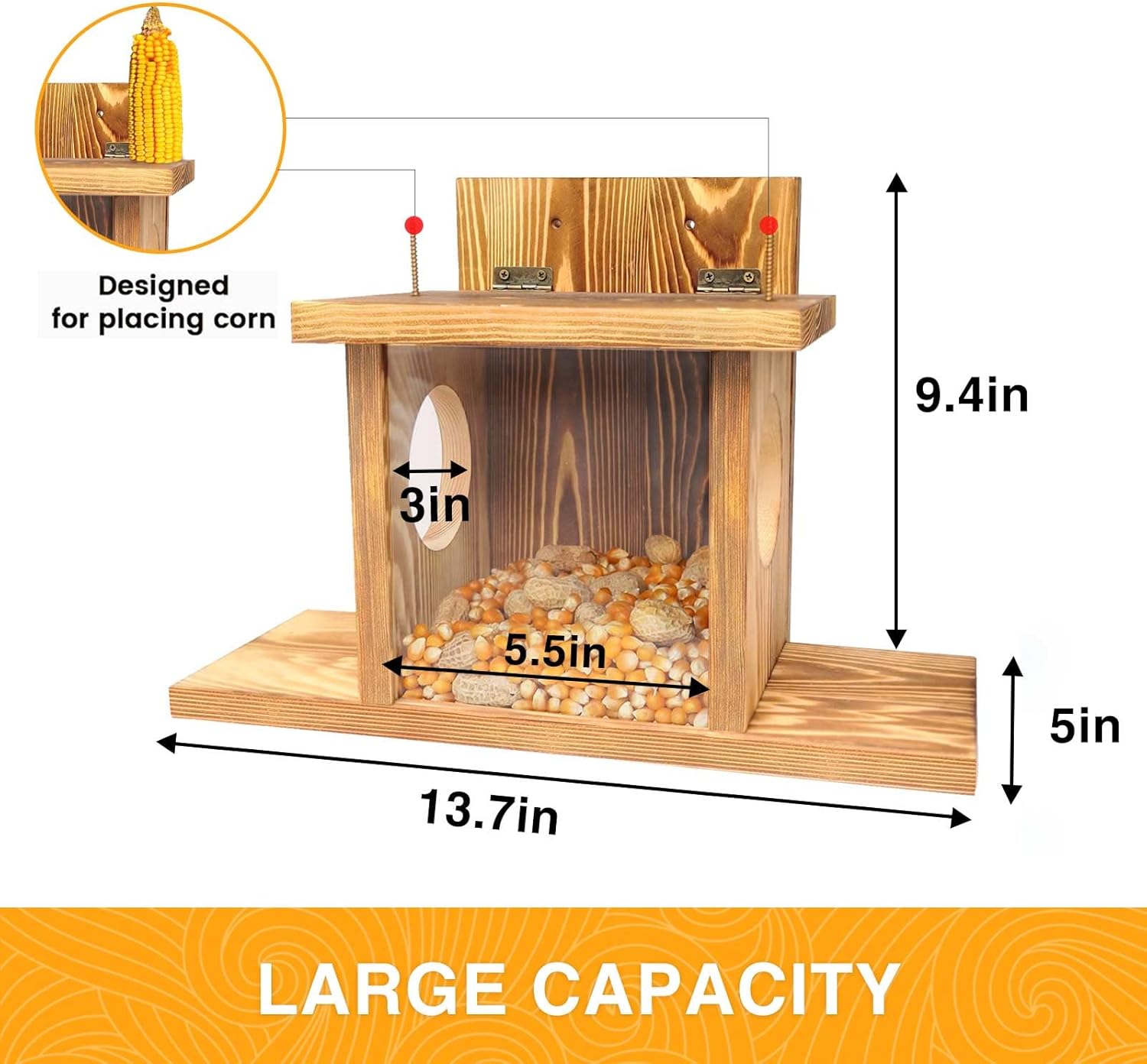 Carbonized Wooden Squirrel Feeder for Outside, Wood Squirrel Feeding Table, Sturdy Squirrel Feeding House with Thickness 1.5CM Wood, Top Lid Opens for Easy Filling of Peanuts and Corn