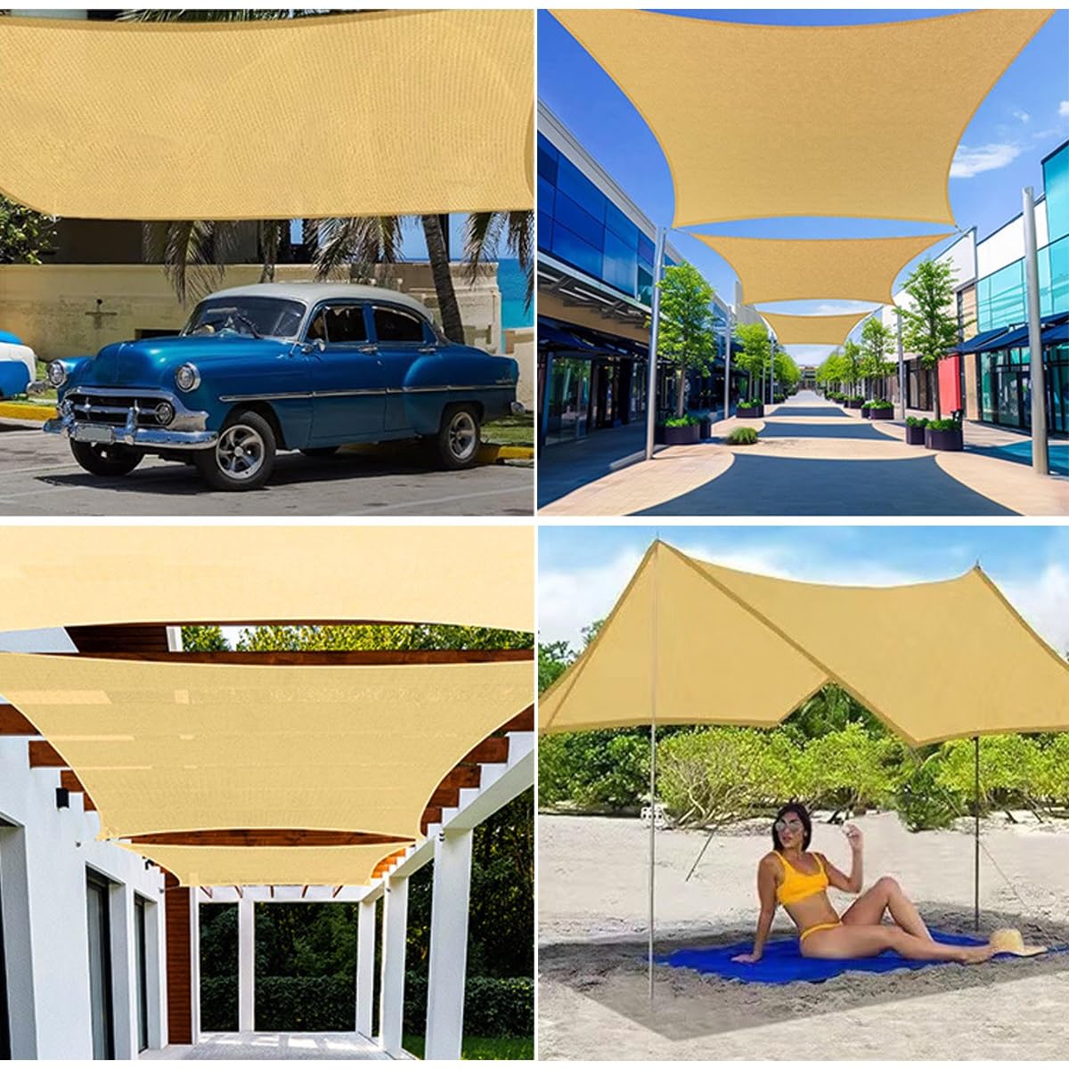 Beżowy żagiel przeciwsłoneczny 3 x 6 m, blokada UV, do ogrodu, pergoli, na patio i podwórko, z przelotkami, przepuszczająca powietrze siatka