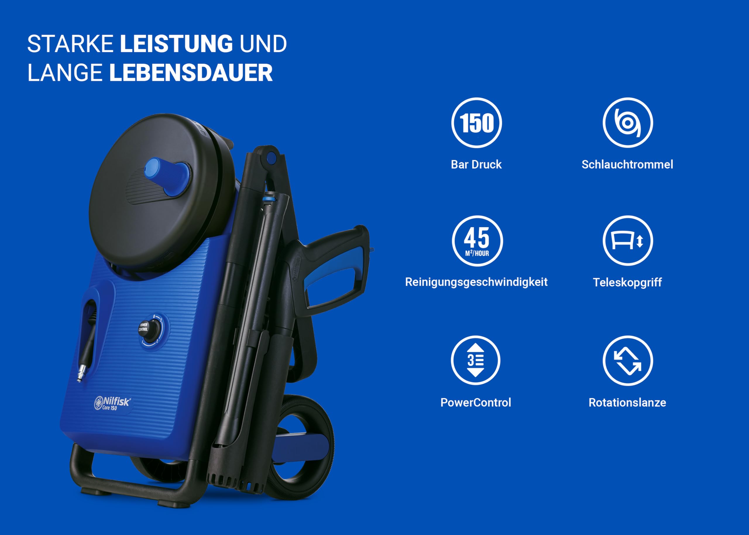 Nilfisk Hochdruckreiniger Core 150 Bar Druck mit PowerControl - Pressure Washer Für Terrassen, Werkstätten und Autos (2000 W)