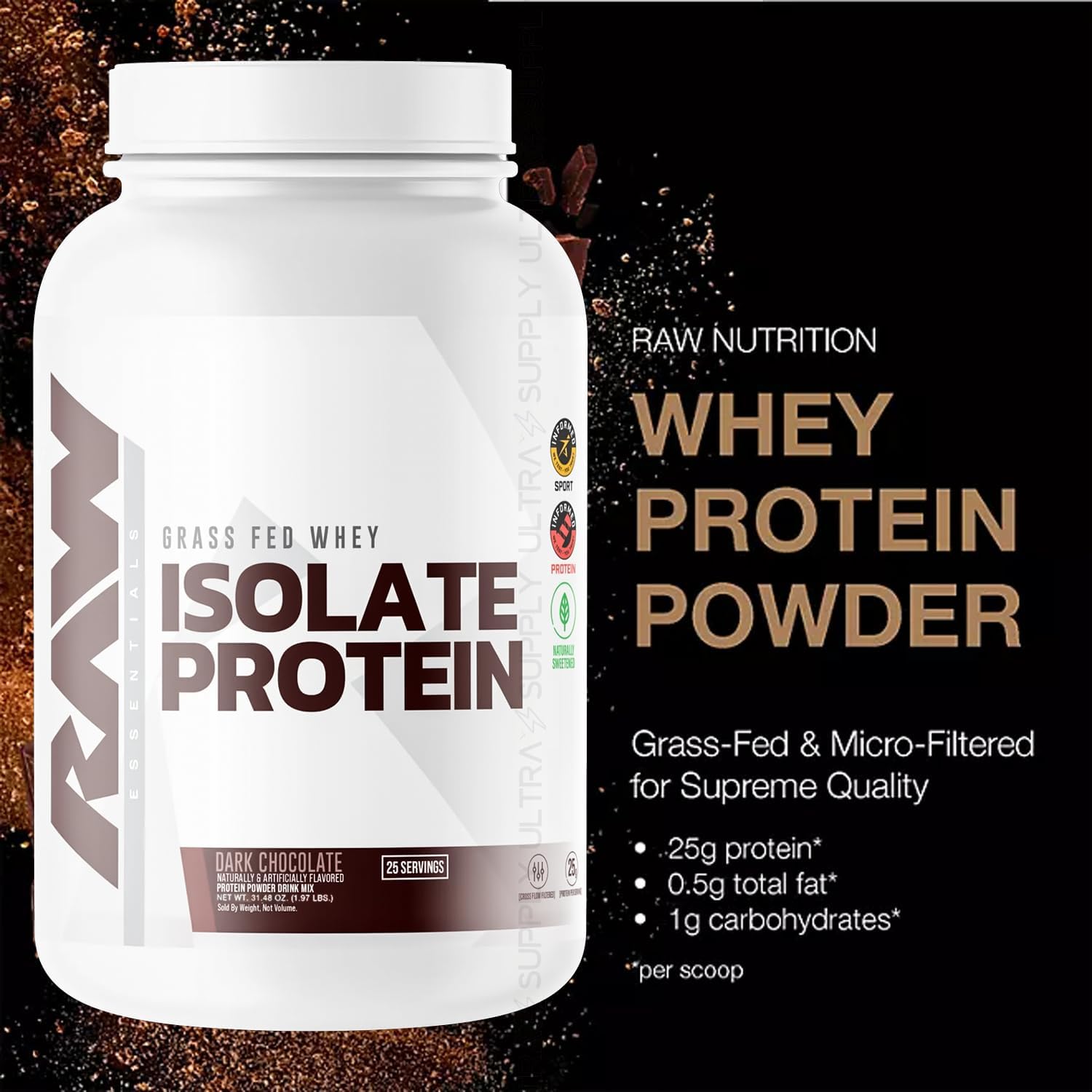 RAW 25g Grass-Fed Whey Isolate Protein Powder, Dark Chocolate Flavor, 25 Servings