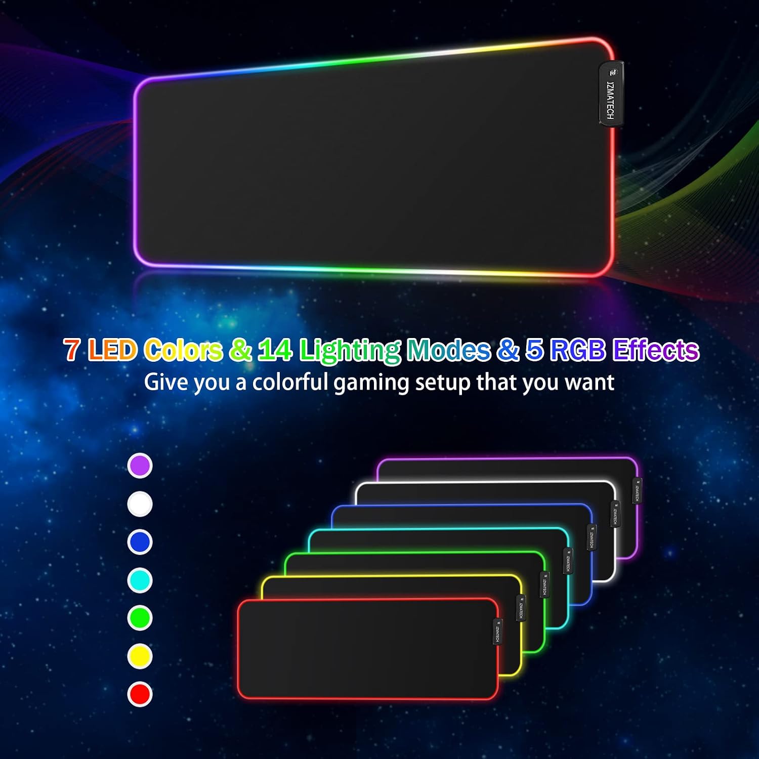 Diagram showing 7 LED colors and 14 lighting modes available on the mouse pad.