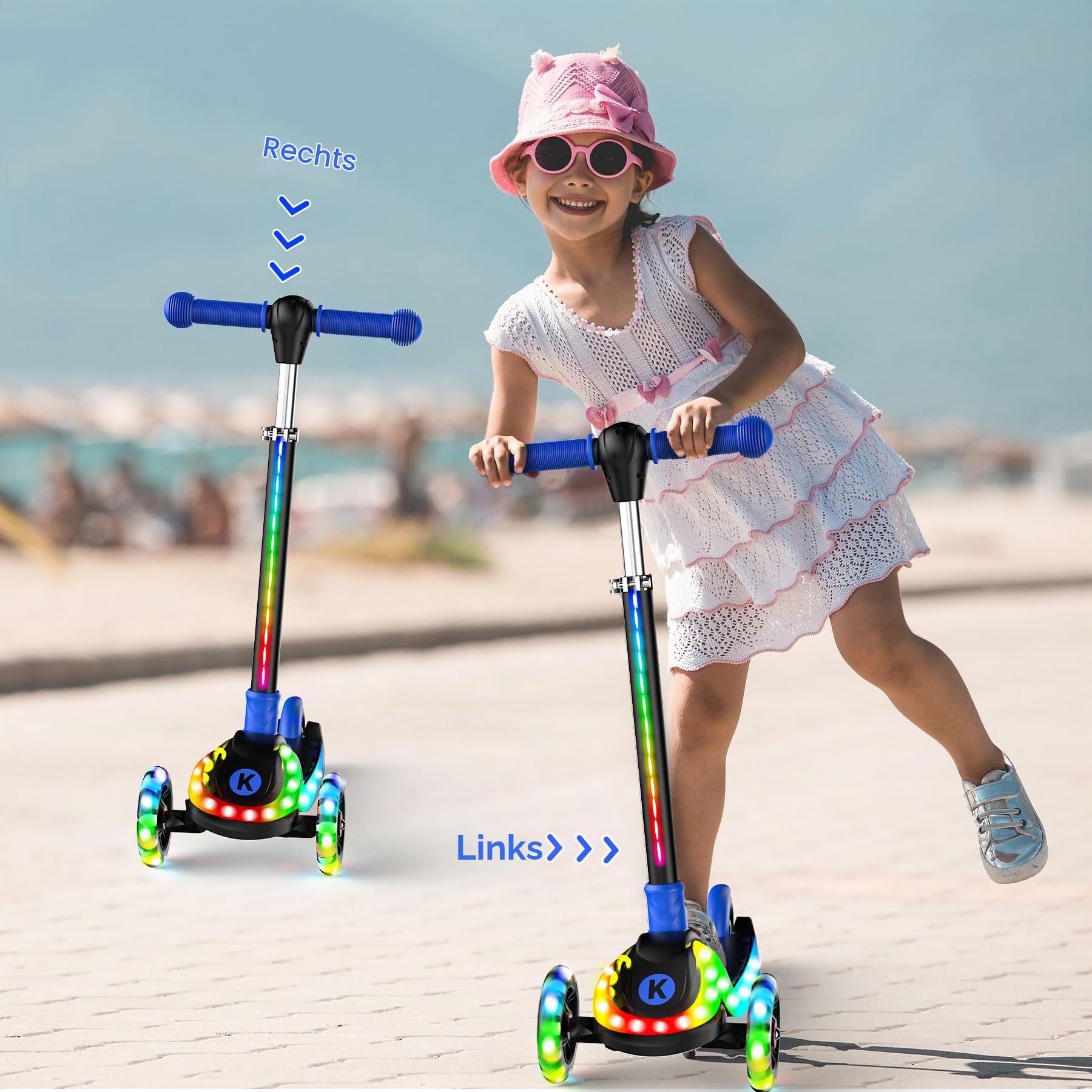3-Rad Tretroller mit LED-Beleuchtung, Höhenverstellbar & Klappbar für Kinder 3-12 Jahre, Leuchtende Lenkstange & Deck, Max. 60 kg, Geschenk für Jungen/Mädchen